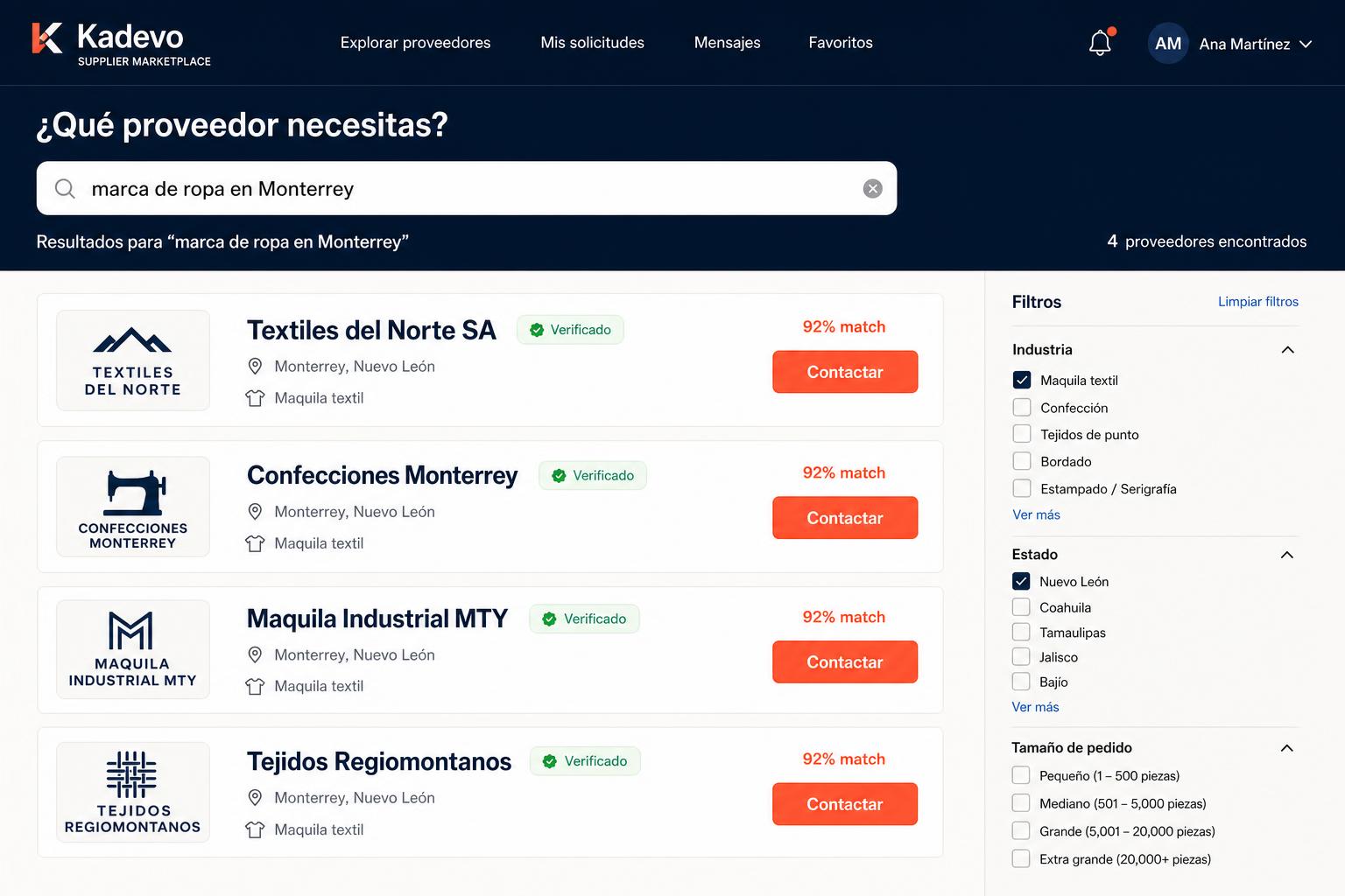 Resultados de Kadevo para una búsqueda de marca de ropa en Monterrey